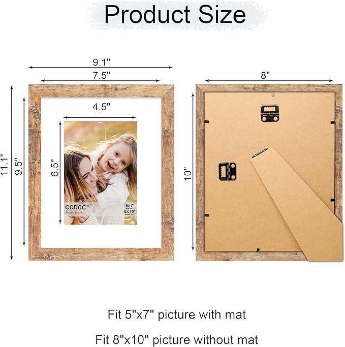8x10 Picture Frame Set of 2, 8 x 10 Wood Photo Frames with Mat for 5x7, Natural Wooden Frame with Real Glass Cover for Wall and Tabletop Display,Brown