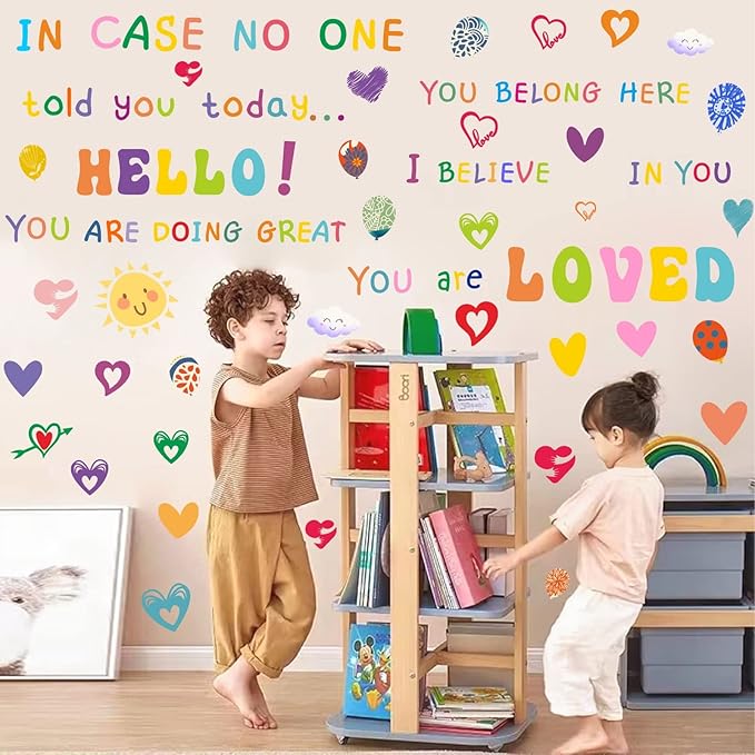 Colorful Inspirational Wall Decals,Motivational Sayings Wall Stickers,Multicolor Classroom Quotes Vinyl Decals,Balloons Sun Positive Phrases Sticker for Nursery Kids Room Bedroom Walls Decor