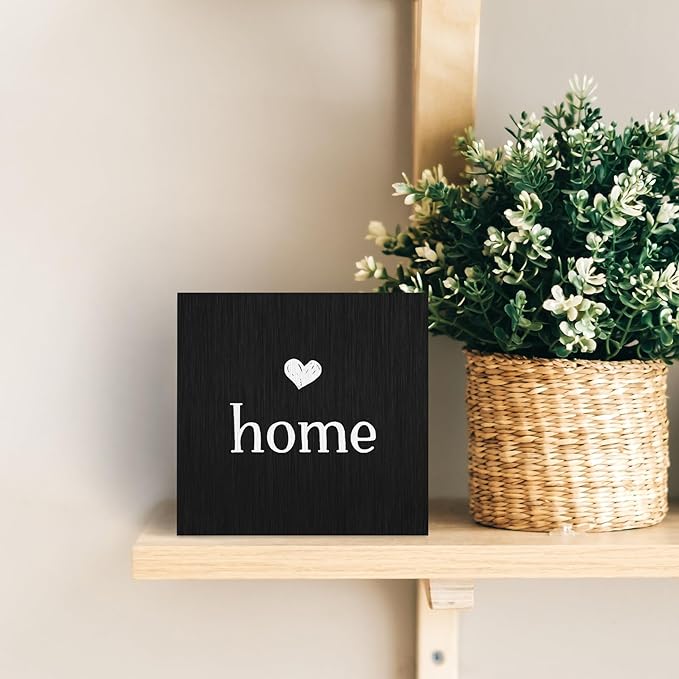 Home Sign, Home Signs for House Decor, Welcome Sign, Rustic Farmhouse Desk Decor Wood Block Box Plaque for Living Room Wall Shelf, Housewarming Gifts (Black)