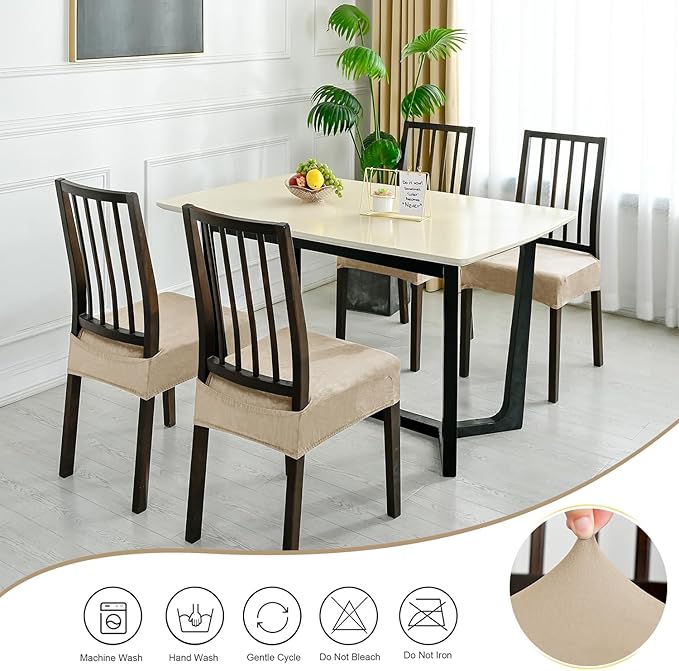 Dining Chair Seat Covers, Stretch Velvet Chair Seat Slipcovers Protector, Removable Washable Kitchen Chair Covers for Dining Room Chairs (Set of 2, Khaki)