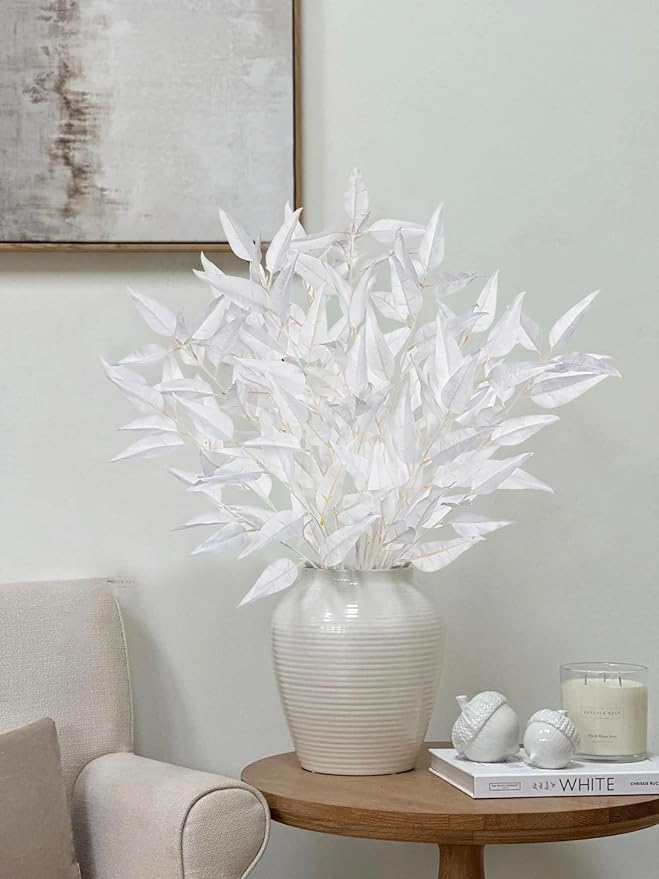 DILATATA Faux White Eucalyptus Stems – 32” Artificial Willow Leaves, 5 Pcs Long White Eucalyptus Branches for DIY Bouquets, Centerpieces, Shower & Wedding Decorations