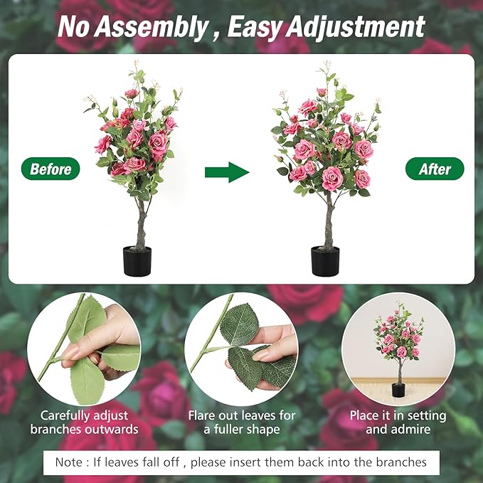Romantic season 2Pack Artificial Rose Flower Trees, 42Inch Pink Faux Rose Tree with Green Leaves for Living Room Office Home Outdoor Indoor Decor