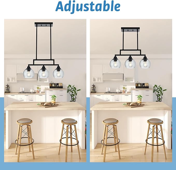 3 Light Contemporary Pendant Lights Kitchen Island with Clear Striped Swirl Globe Glass, Black Hanging Ceiling Light Linear Chandeliers for Dining Room Kitchen Living Room