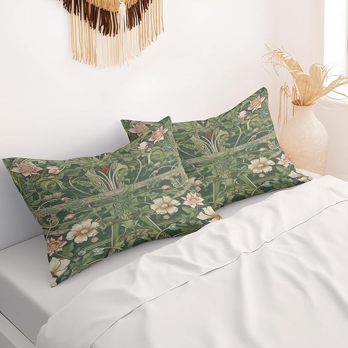 William Morris Pillow Protectors with Zipper Standard Size Vintage Floral Print Pillow Covers Set of 2 Nature Green Botanical Pillowcases Rustic Wildflowers Bed Pillow Covers 30"X20"