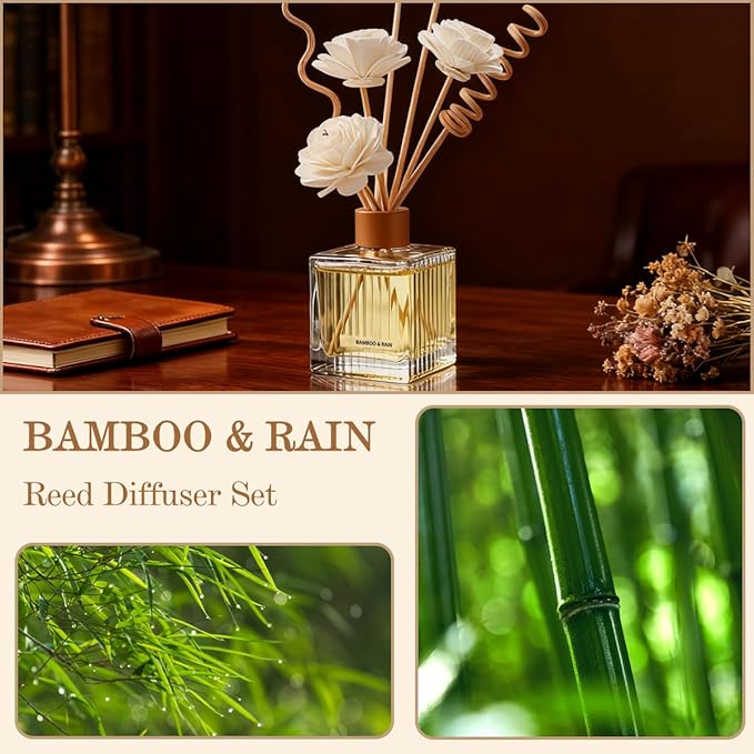 Bamboo Rain Reed Diffuser Set - 6.7 oz Glass Bottle with 4 Rattan Sticks, 3 Dried Flowers | Adjustable, Long-Lasting Scent for Home, Bedroom, Living Room, Office, Bathroom | Aromatherapy Gift Set