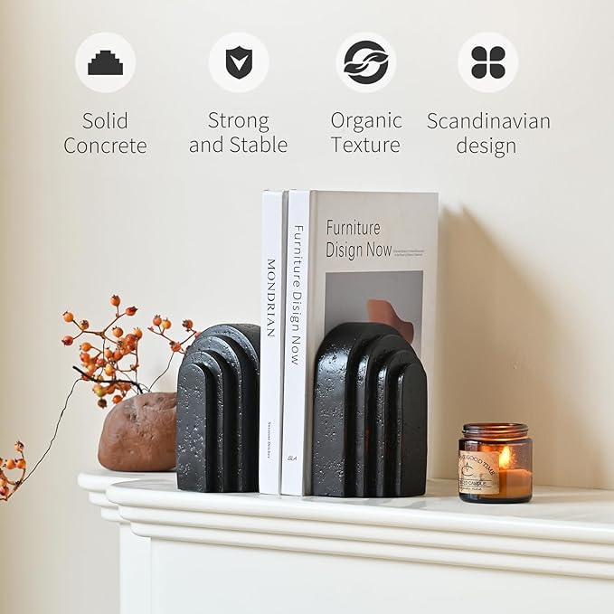 Decorative Bookends for Shelves, Set of 2 Book Ends for Heavy Books, Layered Arch Design Black Bookend