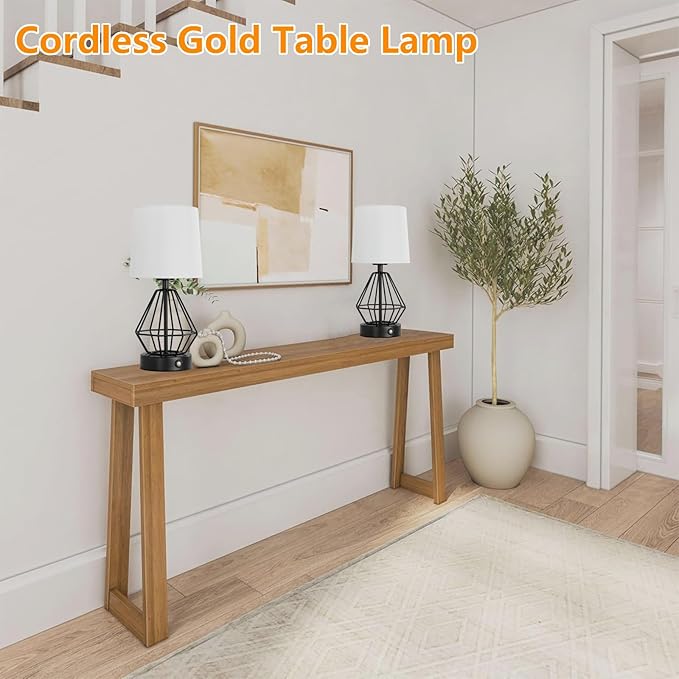Black Cordless Lamp Set of 2,Touch Stepless Dimming,8000mAh Rechargeable Battery Table Lamp,Black Cage Frame Wireless Lamp,White Lampshade,14.7inches Tall
