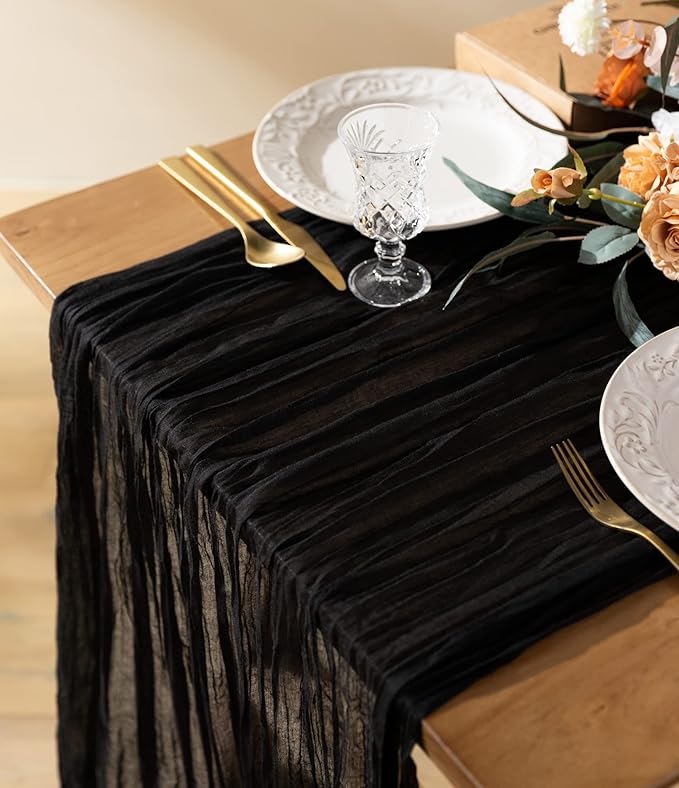Vitalizart Cheesecloth Table Runner 10ft Gauze Boho Rustic Black Cheese Cloth Table Runner for Wedding Bridal Shower Fall Thanskgiving Decoration 120 Inches