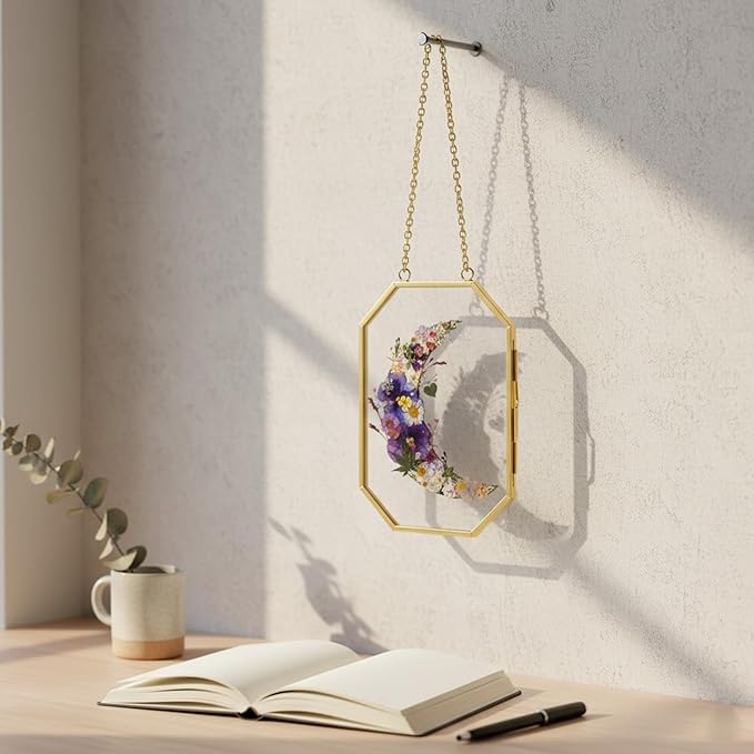Pressed Flower Floating Frame with Tweezers,5.6x6inch, Gold Glass Hanging Brass Photo Frame with Chain, Double Clear Glass Vintage Octagon Design, Wall Craft Art Decor for Dried Plant Specimens Pictures Frame, Golden