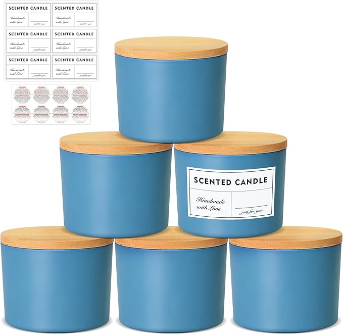 16oz Candle Jars 6 Pack, 3 Wick Matt Blue Glass Empty Candle Jars with Bamboo Lids for Candle Making, Large Wide Mouth Candle Container Bulk for 12/13/14/15oz Candles, Labels Included
