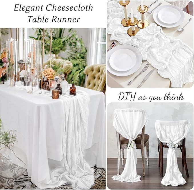 10 Pack White Cheesecloth Table Runner,10FT/120 Inch Boho Gauze Fabric Table Runner,Rustic Sheer White Cheese Cloth Runner Bulk for Wedding,Bridal Baby Shower,Christmas Party,Holiday Home Table Decor