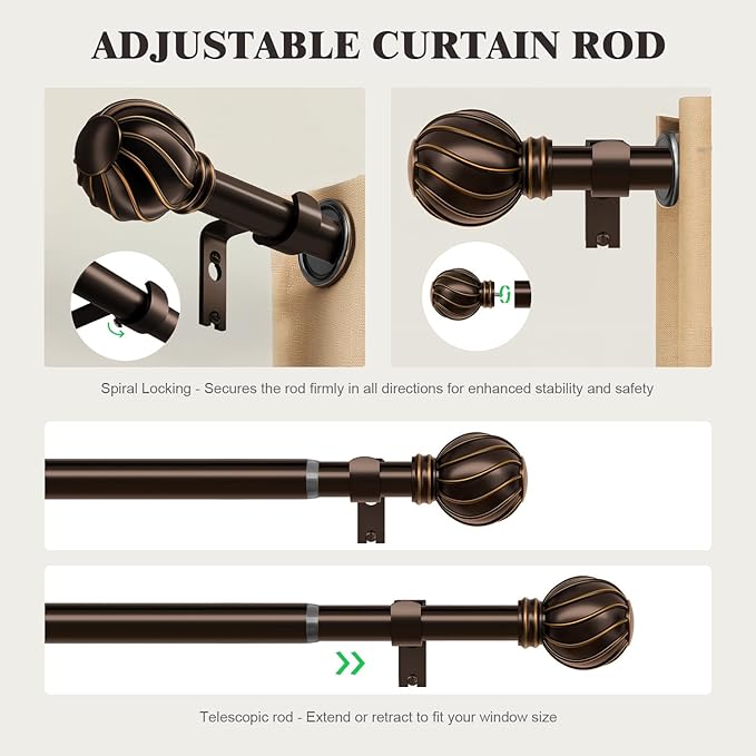 Oneach Brown Curtain Rods for Windows 72 to 144 Inch, 7/8" Adjustable Heavy Duty Decorative Drapery Rods with Round Netted Texture Finials (Pack of 1, 36 to 150 Inch)