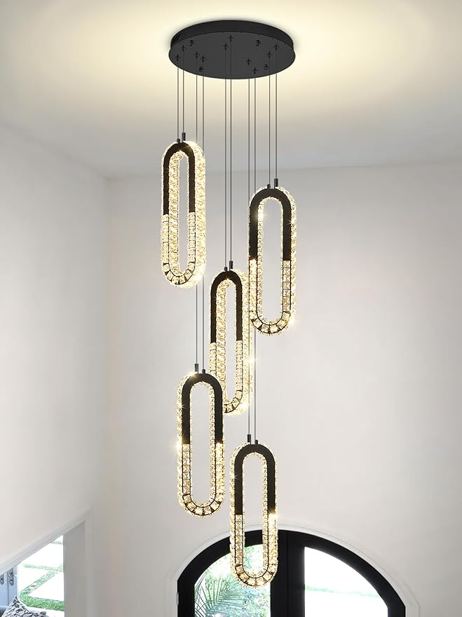 5 Rings Crystal Chandeliers for Staircase Large Pendants Light Fixture Black High Ceiling Chandelier for Entryway Bedroom Foyer 2700K-6000K