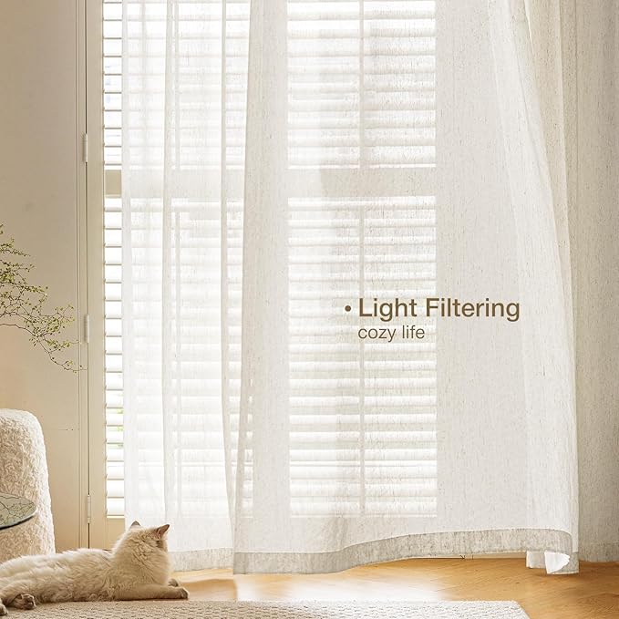 Anmao Flax Linen Curtains for Living Room 90 Inch Length 2 Panels Set, Light Filtering Sheer Window Curtain Drapes for Bedroom with Nickel Grommet, 52 Inch Wide Each Panel, Ivory Color