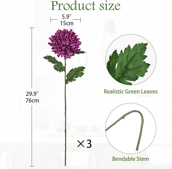 Hollyone 3Pcs Fake Mums Flowers Purple Artificial Chrysanthemum Flowers Silk Long Stem Floral Arrangements Bouquets Faux Spider Mum Flower Pincushion Flower Bush Spring Home Decor