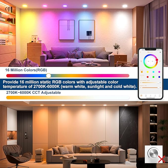 Smart Recessed Lighting 4 Inch RGBCW Color Changing 12W LED Downlight with Junction Box,1080 Lumen Recessed Ceiling Light Compatible with Alexa,Dimmable by Bluetooth Control -12Pack