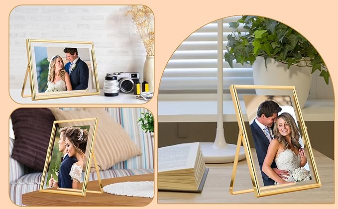 Gold 10x12" Floating Frame for Picture(5x7'',7x9'',8x10''),Adjustable Tabletop/Shelf floating picture frame 8x10'',Classy Gift Choice for Wedding,Thanksgiving,Christmas,Home or Office Decor