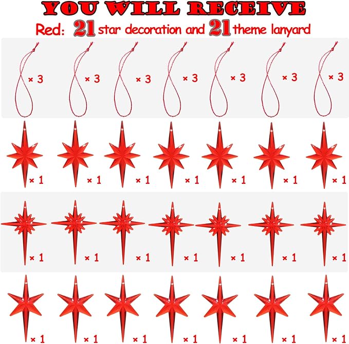 21Pack Star Topper Ornaments for Replacement Ceramic Christmas Tree - Red Plastic Modern Stars Hanging Decor Accessories