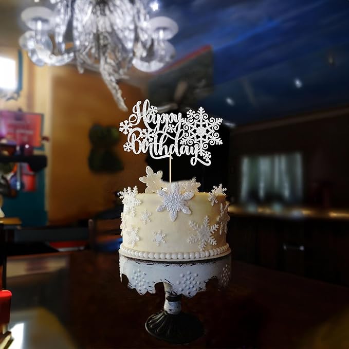 Gyufise 1 Pack Snowflake Happy Birthday Cake Topper Silver Glitter Winter Snowflake Cake Picks Decorations for Winter Snowflake Theme Baby Shower Kids Birthday Party Supplies