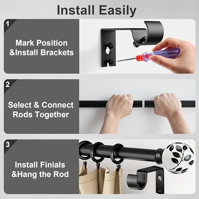Ceramic Black Curtain Rods for Windows 28 to 48 Inches Adjustable Length Heavy Duty 1" Diameter Window Curtain Rod with Modern Leaf Pattern Decorative Finials for Bedroom Kitchen Living Room
