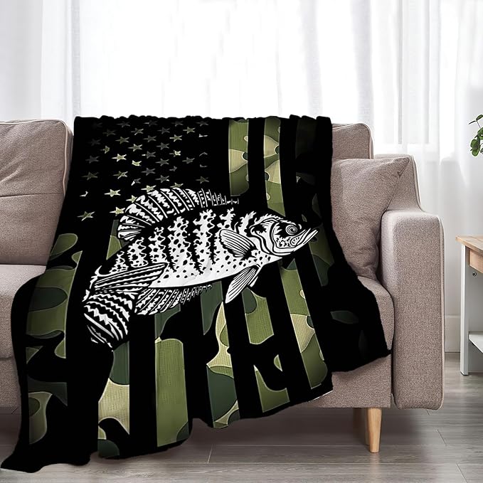 Fishing Blanket Camo American Flag Throw Blankets Plush Cozy Flannel Fleece Ultra Soft Fuzzy Fish Blanket Gifts for Girls Women Men Boys Kids Bed 50"X40"