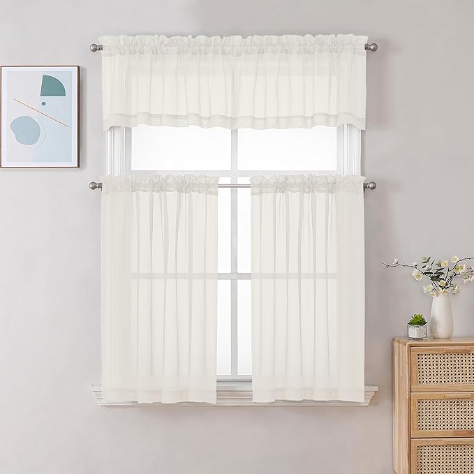 Gwine Ivory Sheer Curtains 30 Inch Length, Short Light Filtering Voile Small Cafe Kitchen Curtains with Rod Pocket, Short Curtain for Bathroom Window, 42x30 Inch, 2PCS
