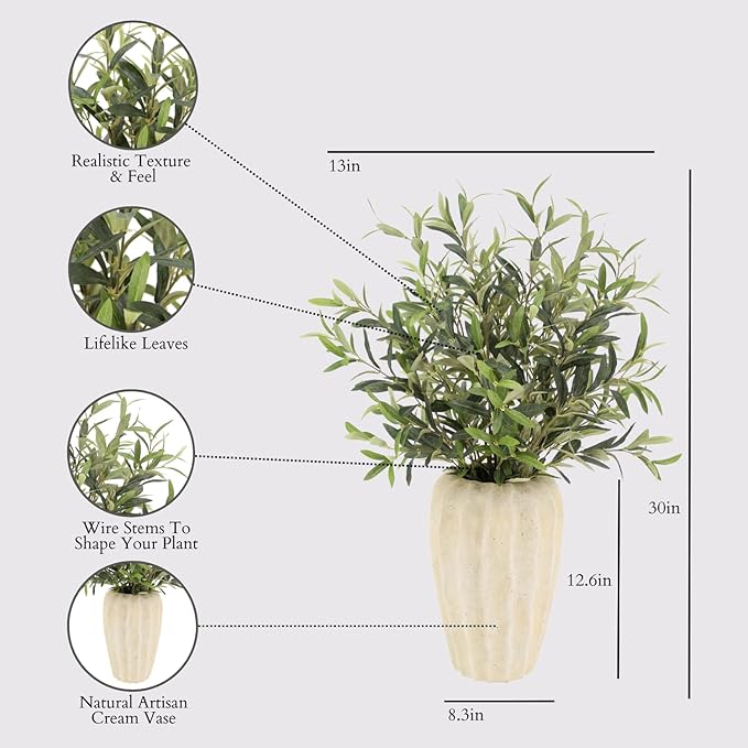 CG Hunter Faux Olive Arrangement, Premium Handmade Artificial Indoor Display Stands 30”, Beautiful Sculptural Olive Arrangement That Lasts Forever, Artisan Vase