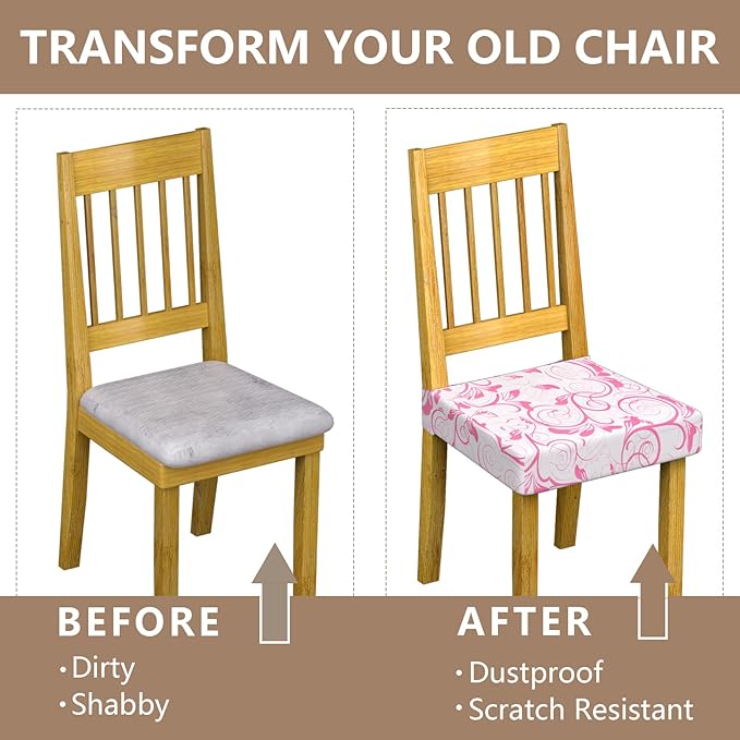 Stretch Dining Chair Seat Covers Set of 6,Dining Chair Slipcovers, Floral Printed Chair Covers,Soft Fabric Washable Upholstered Chair Seat Protector, No Rear Covers for Home Kitchen Dining Room