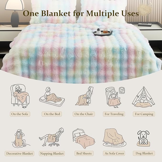 Soft Fluffy Blanket - Fuzzy Throw Blanket for Couch, Plush Rabbit Faux Fur Blanket, Cute Cozy Blankets for Women, Thick Warm Bubble Blankets for Bed Sofa Bedroom Living Room - 51" x 63"