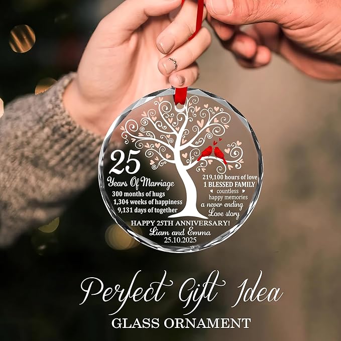 Personalized 25th Anniversary Crystal Ornament – Silver Wedding Gift for Couple, Parents – Custom Names, Date & Milestone Tree with Red Cardinals – 2025 Keepsake Ornament for Husband & Wife