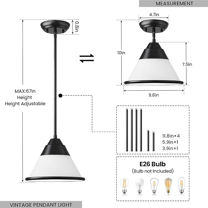 9.4" Black Pendant Light, Adjustable Hanging Light Fixture with Milk Glass Shade, Vintage Farmhouse Kitchen Island Lighting for Dining Room, Hallway, Entryway