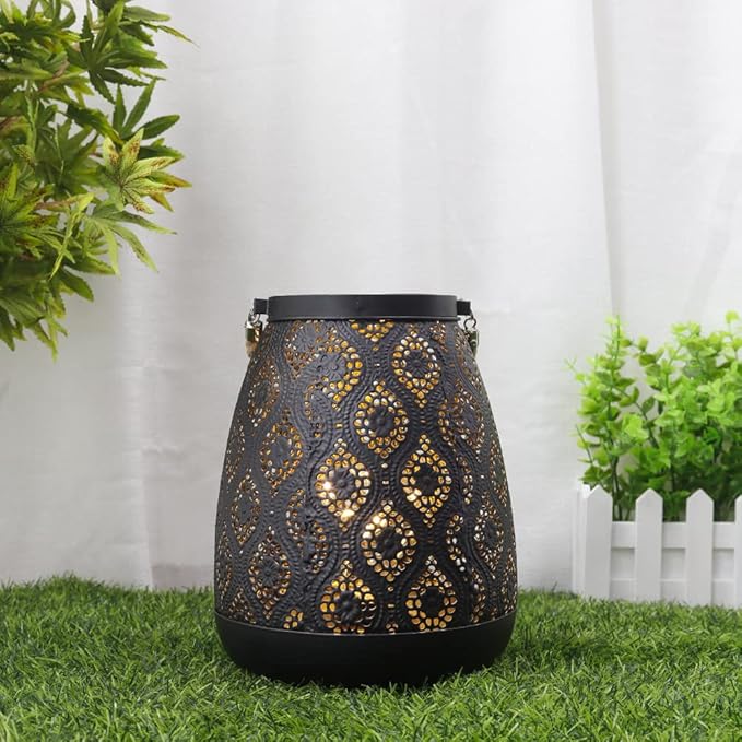 TRIROCKS Set of 12 Moroccan Style Metal Lamp 8''H Battery Operated Cordless Table Lamp Vintage Lantern for Living Room Garden Yard Patio Parties Event Indoors Outdoors (Black with Gold Brush)