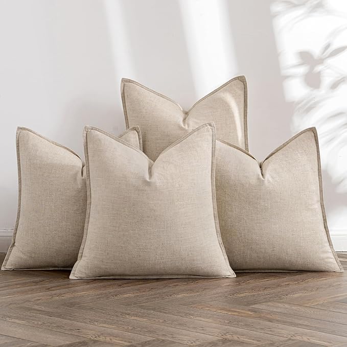 MIULEE Beige Linen Pillow Covers Pack of 4 Decorative Natural Solid Throw Pillow Covers Soft Accent Boho Farmhouse Couch Pillowcases Modern Home Decors for Living Room Bed Sofa 24x24 Inch
