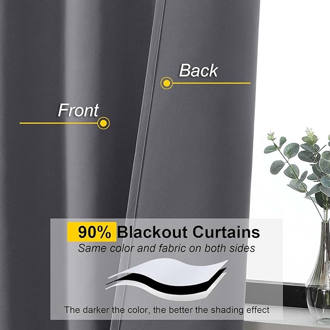 Grey Blackout Curtains for Bedroom Living Room 96 Inches Long 2 Panels, Soft Solid Room Darkening Thermal Insulated Window Treatments, Rod Pocket Curtain, 50" Wx96 L