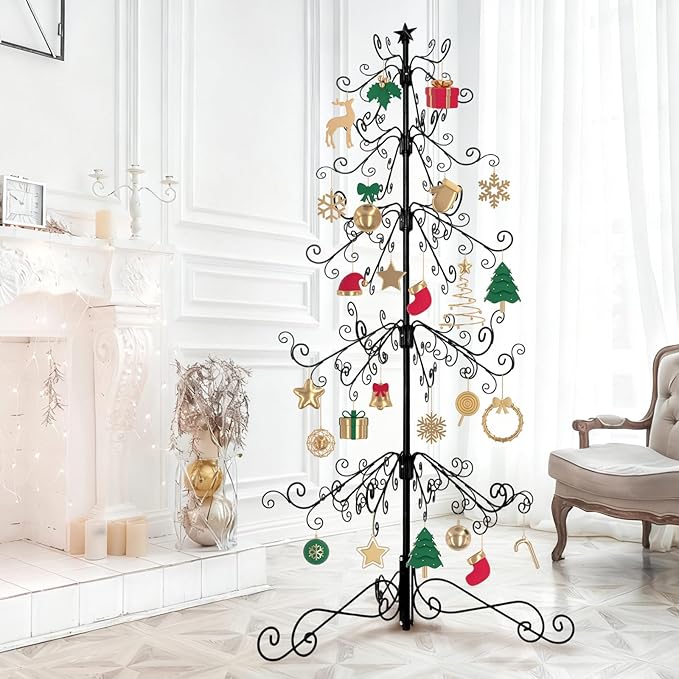 Metal Christmas Tree,144 christmas ornament hooks,6ft black christmas tree,Diy-Friendly ornament display stand,rustproofing metal ornament tree For Collectibles,Pendant,craft show(Without Accessories)