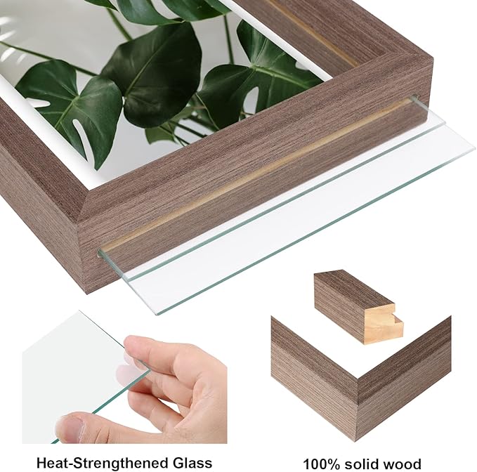 Egofine 11x14 Floating Frames Set of 2, Double Plexiglass Picture Frame, Made of Solid Wood Display Any Size Photo up to 11x14, Wall Mount or Tabletop Standing, Brown
