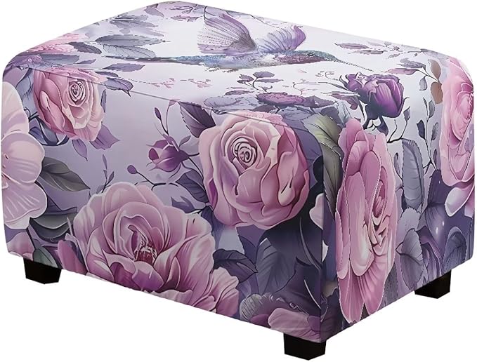Rose Hummingbird Rectangle Chair Cover Washable Small Ottoman Slipcover 30x24x15 Inch Easy to Install Folding Storage Footstool Protector Ultra Stretch Dust Cover for Foot Stool