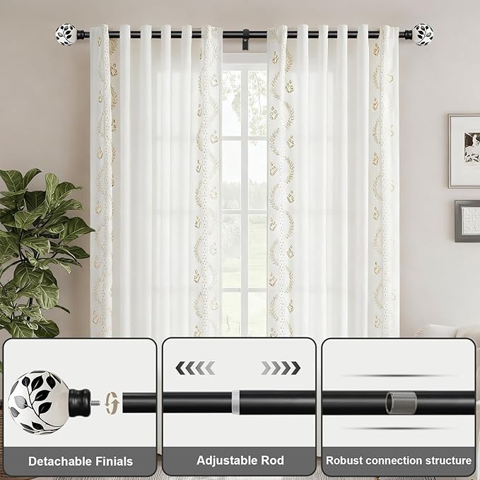 Ceramic Black Curtain Rods Set of 2 for Windows 72 to 144 Inches Adjustable Length Heavy Duty White Window Curtain Rod with Modern Leaf Pattern Decorative Finials for Bedroom Kitchen Living Room