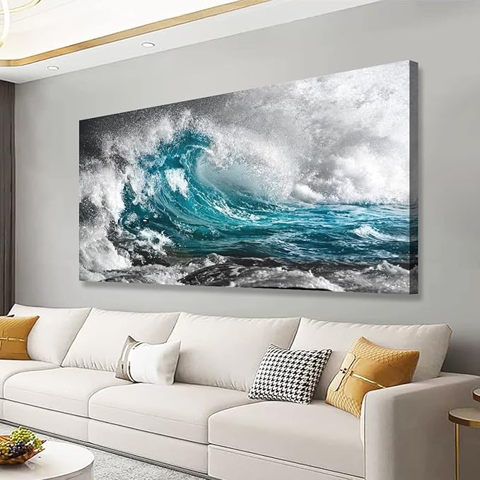 Sea Wave Pictures Canvas Wall Art For Living Room Bedroom Wall Decor,Surge Wall Art Print Paitnings for Home Decor,Morden Artwork Sea Seascape Canvas Art Waterproof Ready to Hang-28x57 Inches