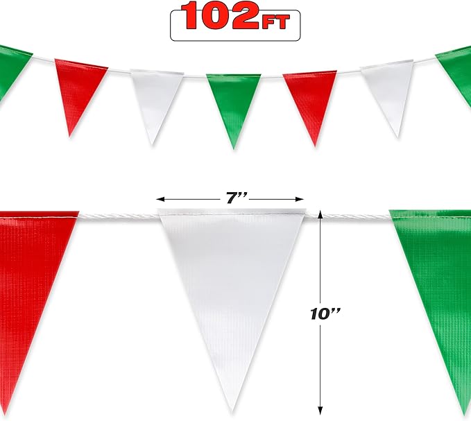 Red & White & Green Pennant Banner Flags | OSHA 500lb Rated | Strand Fade Resistant 【102FT】