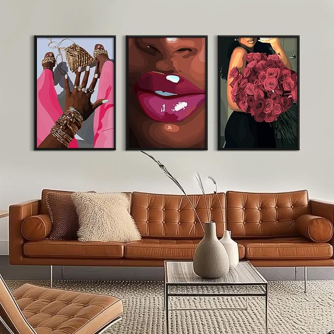 Black Girl Wall Art African Woman Canvas Wall Decor Pink Black Women People Art Fashion Poster African American Girl Pictures Abstract Flower Painting for Bedroom Living Room 12x16x3 Inch Unframed