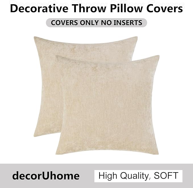 decorUhome Chenille Beige Christmas Throw Pillow Covers 20x20 Inch Set of 2, Decorative Soft Couch Pillow Covers Solid Dyed Accent Farmhouse Neutral Square Pillow Cases for Sofa