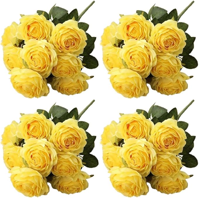 Jasion 4 Bundles Artificial Roses Flowers 10 Heads Arrangement Silk Bridal Bouquet for Home Office Parties and Wedding Decoration (Yellow 4pcs)