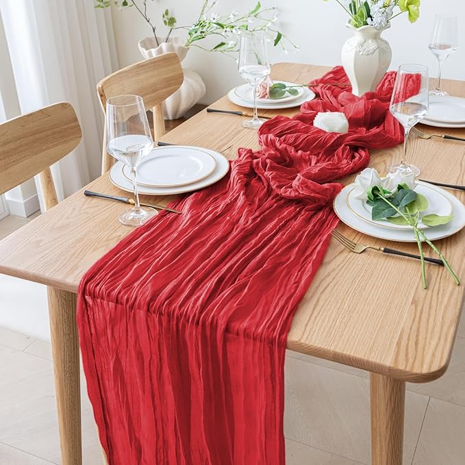 4PCS Table Runner Cheesecloth 10FT Red Boho Gauze Cheese Cloth Rustic Sheer Table Runners for Wedding Birthday Bridal Baby Shower Party Decoration