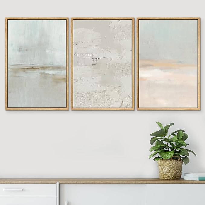 SIGNWIN Framed Canvas Print Wall Art Set Pastel Grunge Watercolor Landscape Shapes Abstract Illustrations Modern Art Decorative Nordic Chic Calm for Living Room, Bedroom, Office - 24"x36"x3 Natural