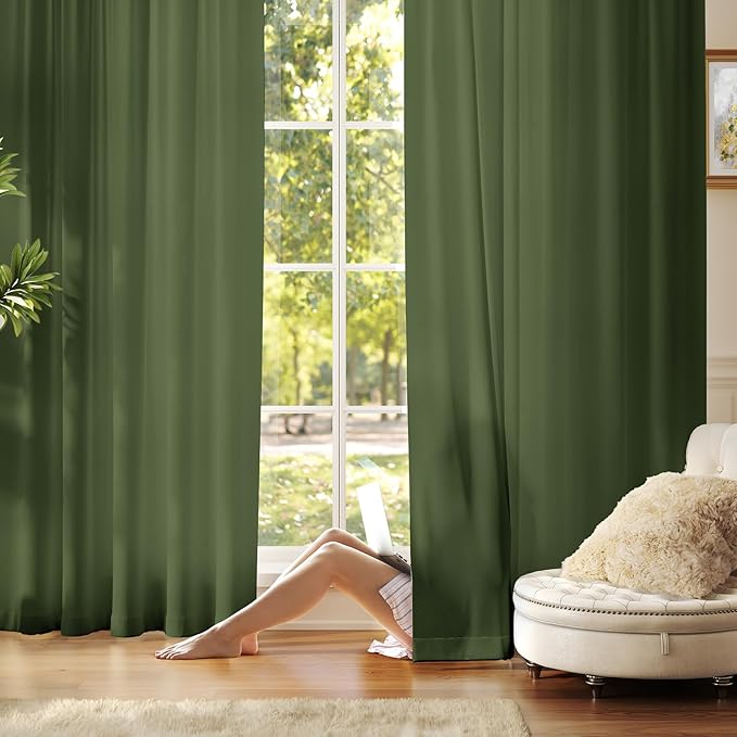 Anmao Non-See-Through Olive Green Privacy Semi Sheer Curtains for Living Room 84 Inch Length 2 Panels Set, Light Filtering That Let Light in Rod Pocket Window Drapes for Bedroom, 52W x 84L, Dark Green
