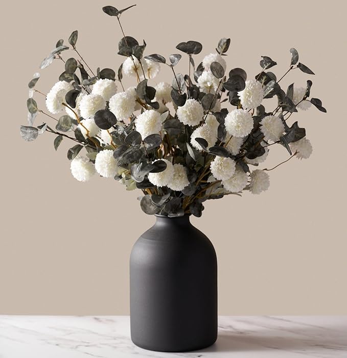 Laelfe 10 Kiku Artificial Flowers + 5 Large Eucalyptus Branches, Silk Fake White Flowers Pompon Mums (Ball Flower Stems) - Decor for Home, Wedding Filler, Centerpieces & Shower Arrangements
