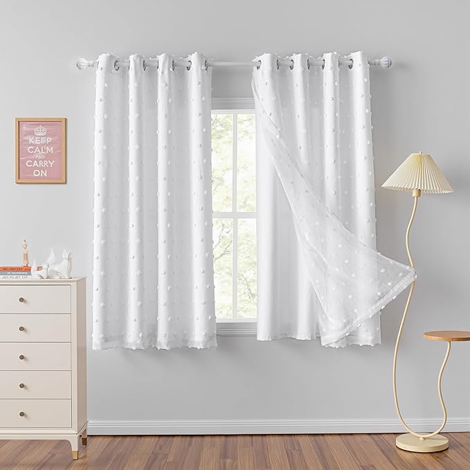MYSKY HOME White Curtains for Girls Bedroom White Pom Pom Sheer Curtain 63 Inches Length Thermal Insulated Nursery Curtains Light Filtering Short Kitchen Drapes Grommet, 52" x 63", 2 Panels