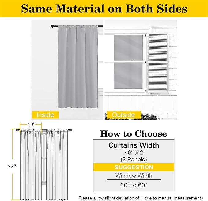 Silver Grey Blackout Curtains for Bedroom Living Room 72 Inches Long 2 Panels Set, Soft Solid Thermal Room Darkening French Door Curtain, Modern Rod Pocket Design, Silver Grey, 40" Wx72 L