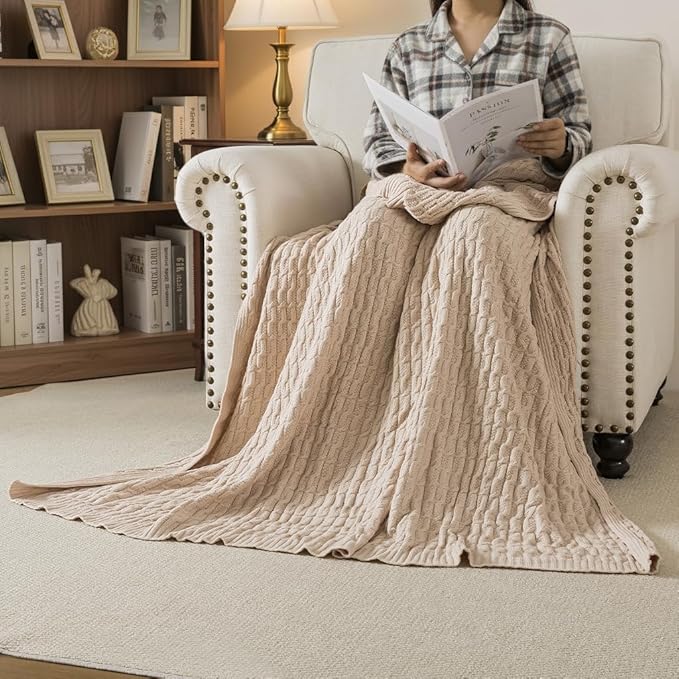 WDCOZY Cable Knit Throw Blanket – Super Soft, Warm & Lightweight Knitted Jacquard Throw Blanket for Couch, Sofa, Bed, Chair, Cozy Texture Farmhouse Decorative Home Blanket, Beige 60x80 inches